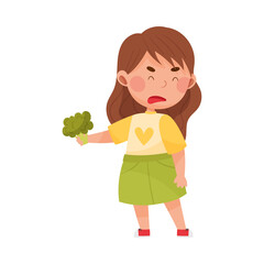 Little Girl Character Showing Dislike Towards Broccoli Vector Illustration - obrazy, fototapety, plakaty