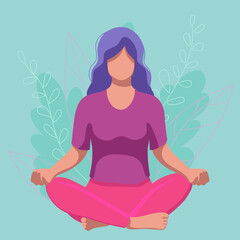 Amazing cartoon girl in yoga lotus pose. Practicing yoga. Vector modern illustration. Young and happy woman meditates.  Yoga Day Celebration on floral background.