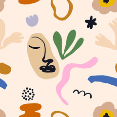 Trendy seamless colorful summer pattern. Hand drawn various shapes abstract illustration. Creative collage seamless pattern.