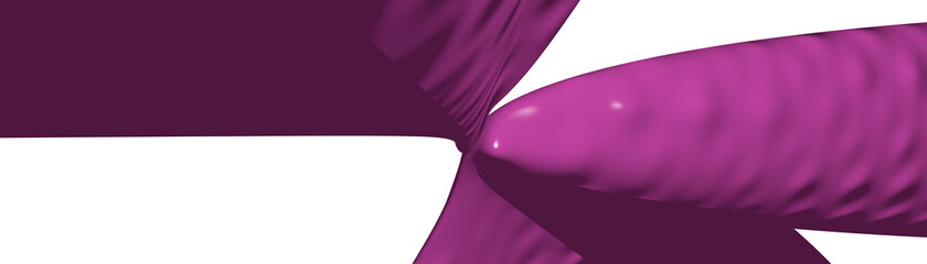 Ultra wide 3D illustration of a geometrical shape of MEDIUM VIOLET RED color on a white abstract background as a curved and glossy surface with direct light reflection. black and blue