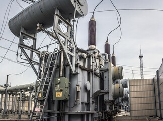 Big transformer at electric power station. Industrial concept.