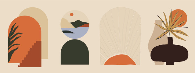 Modern minimalist abstract aesthetic illustrations. Bohemian style wall decor. Collection of contemporary artistic posters. 