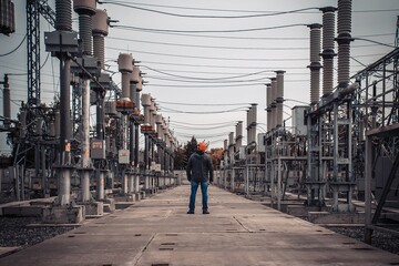 A man in red helmet is standing  between rows of pillars at high voltage electric power station. Industrial concept.