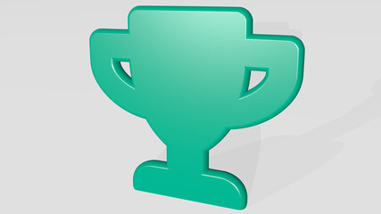 SPORT TROPHY from a perspective with the shadow. A thick sculpture made of metallic materials of 3D rendering. illustration and background