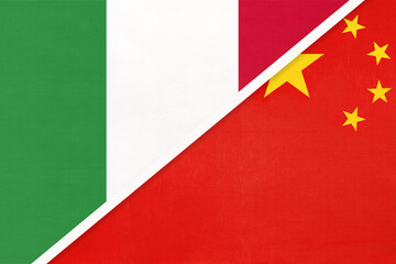 Italy and China or PRC, symbol of two national flags from textile. Championship between two countries.