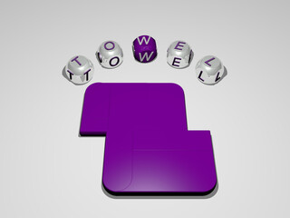 3D graphical image of towel vertically along with text built around the icon by metallic cubic letters from the top perspective, excellent for the concept presentation and slideshows. background