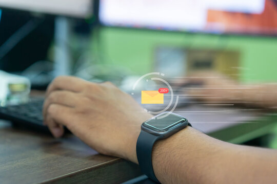 close up  smartwatch with unread message mailbox notification for business technology and communication concept