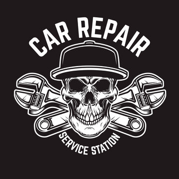 Car repair. Service station. Emblem template with skull and crossed wrenches. Design element for logo, emblem, sign, poster, card, banner. Vector illustration