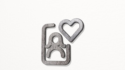 dating smartphone woman made by 3D illustration of a shiny metallic sculpture on a wall with light background. couple and love