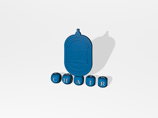 3D graphical image of chair vertically along with text built by metallic cubic letters from the top perspective, excellent for the concept presentation and slideshows. illustration and background