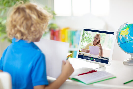 Online Remote Learning. School Kids With Computer.