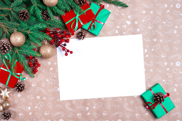 Christmas letter. Empty wishlist for Santa Claus. Christmas greeting card. Gift, postcard, cones,...