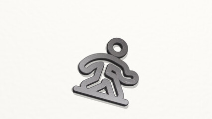 WALKING DESCEND on the wall. 3D illustration of metallic sculpture over a white background with mild texture. beautiful and people