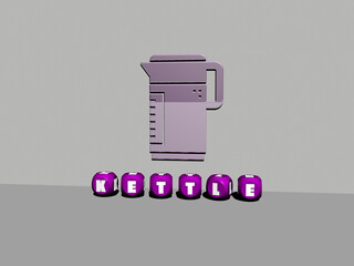 3D representation of KETTLE with icon on the wall and text arranged by metallic cubic letters on a mirror floor for concept meaning and slideshow presentation. illustration and background