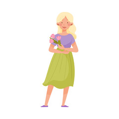 Young Woman with Blonde Hair and Summer Clothing Standing and Holding Flower Bouquet Vector Illustration