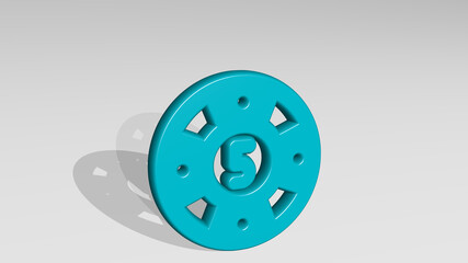 casino chip from a perspective with the shadow. A thick sculpture made of metallic materials of 3D rendering. illustration and background