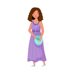 Dark-haired Woman Wearing Long Dress and Bag Standing Vector Illustration