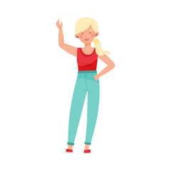 Blonde Woman with Ponytail Wearing Sweatshirt and Jeans Standing and Waving Hand Vector Illustration