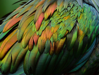 Obraz premium exotic velvet gold, copper, yelow to green bird feathers in beautiful texture and background