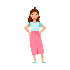 Dark-haired Woman Wearing Sweatshirt and Long Skirt Standing Vector Illustration