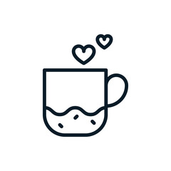 Cup of coffee with hearts steam outline icons. Vector illustration. Editable stroke. Isolated icon suitable for web, infographics, interface and apps.