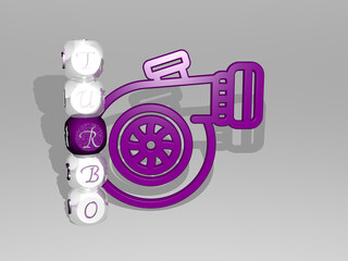 3D illustration of turbo graphics and text around the icon made by metallic dice letters for the related meanings of the concept and presentations. engine and car