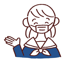 笑顔で案内をするセーラー服姿の女の子 マスク着用　