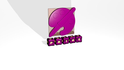 3D representation of paint with icon on the wall and text arranged by metallic cubic letters on a mirror floor for concept meaning and slideshow presentation. background and abstract