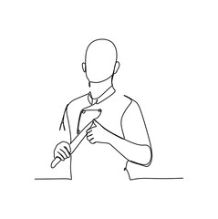 A chef holding knife in confident gesture, standing and facing the camera. Continuous one line drawing. Vector illustration