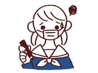 困り顔でペンを持つセーラー服姿の女の子 マスク着用