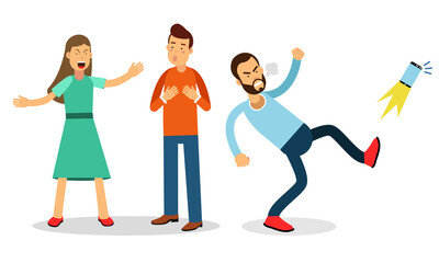 Angry Man Character Kicking Smartphone and Young Couple Quarreling Vector Illustration Set