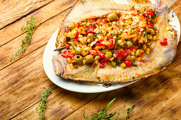 Fried flounder stuffed with vegetables