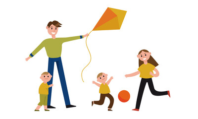 Young Man Flying Kite with His Kids Outdoor Vector Illustration