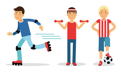 Young Man Characters Doing Sport Vector Illustration Set