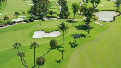 Cinematic overhead view on active men playing the golf game on a sunny summer day. Aerial footage of people on a golf course playing the sport match in Miami, Florida, USA. Background for business