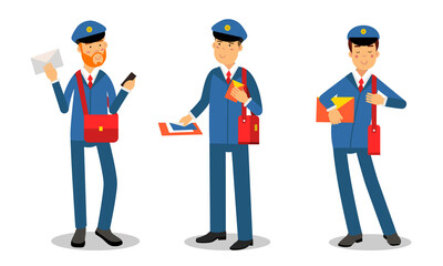 Postman Wearing Uniform Engaged in Daily Routine Vector Illustration Set