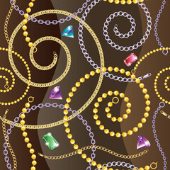 gold and silver chains and bracelets on a dark background. seamless pattern.