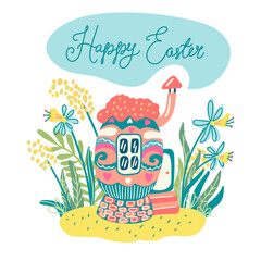 A little cozy egg house surrounded by grass and flowers. Narcissus and mimosa. Hand drawn vector illustration isolated on white background. Great for Easter greeting cards and posters.