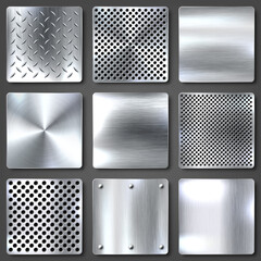 Realistic brushed metal textures set. Polished stainless steel background. Vector illustration.