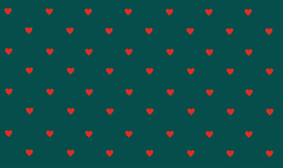 minimalistic pattern of red hearts on a emerald background.