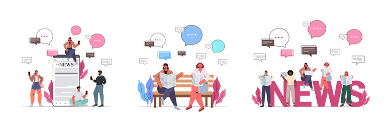 set mix race people reading newspapers discussing daily news chat bubble communication concept full length horizontal vector illustration