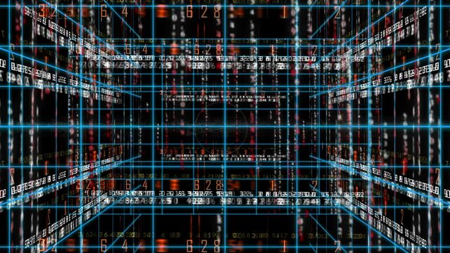 digital data background 4K. Line together with digital numbers. Technology background. abstract line with light. 3D rotating motion. Lights that follow the lines. Numbers flowing between lines. 4K