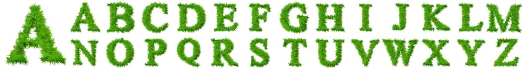 Conceptual set or collection of green grass, ecology font isolated white background for nature, conservation, natural, organic, education, ecology, environment health, spring or summer 3d illustration