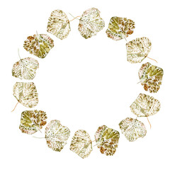 Watercolor autumn leaves prints round frame.