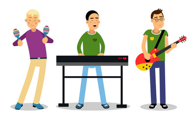 Man Musicians Playing Musical Instruments And Singing On Stage Vector Illustration Set