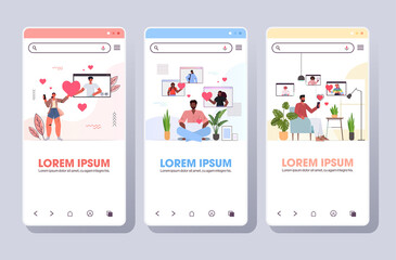 set people chatting in online dating app social relationship communication concept smartphone screens collection copy space horizontal vector illustration