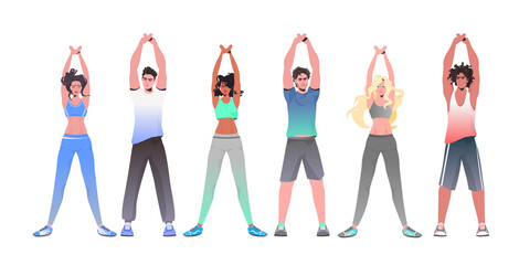 mix race women men doing yoga fitness exercises training healthy lifestyle concept people working out together horizontal full length vector illustration