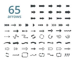 Various arrows large set. Varieties of black symbols pointers arrow brackets straight curved and rounded graphical navigation movement of website abstract interface pictograms. Vector design.