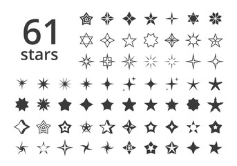 Stars icons of various shapes large set. Silhouette abstract decoration on golden polygon star of David flash art rating gaming bonus life jackpot in casino. Vector symbol.
