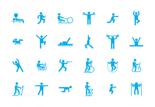 Sports fitness workout icons large set. Training in sports centers sports treadmill walking ground lifting weights jumping rope pictogram of fencer yoga complex squats. Health vector.